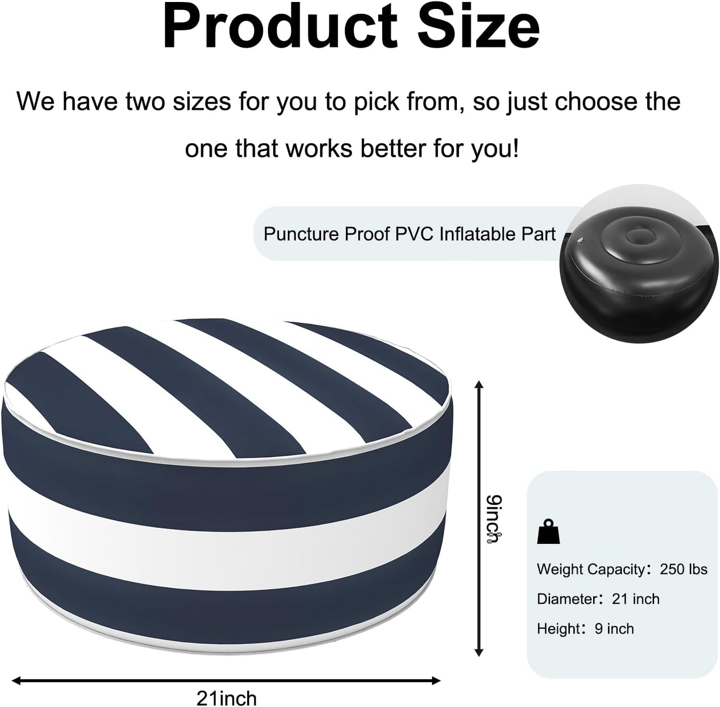 Inflatable Ottoman Stool D21 xH9 for Outdoor/Indoor Use, Water Repellent Patio Foot Rest Stool with Portable Handle,Round Pouf Ottoman Suitable for Garden,Deck and Camping - Cabana Navy