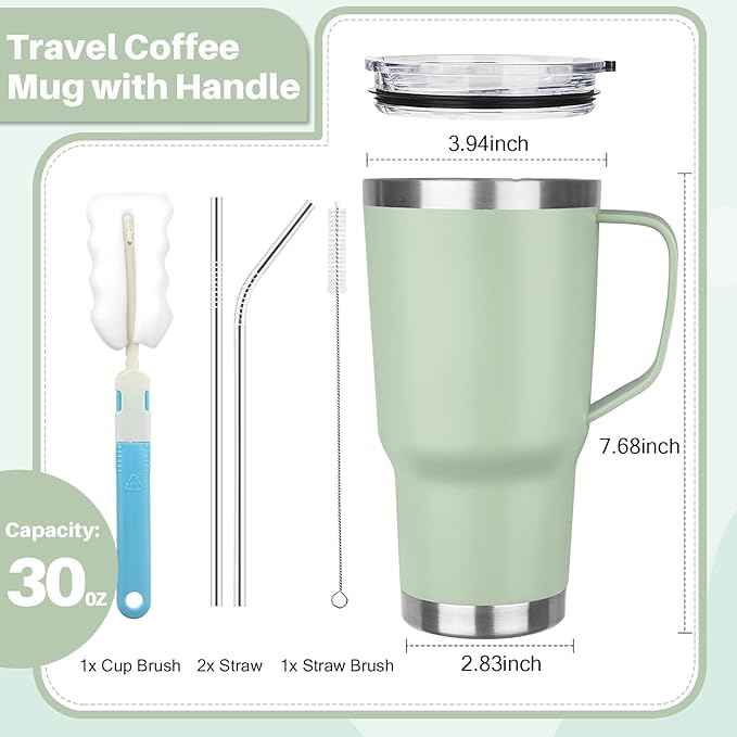 30 oz Tumbler with Handle, Stainless Steel Insulated Tumbler with Lid and Straw, Double Wall Vacuum Coffee Mug Tumbler, Insulated Coffee Thermal Cup for Cold and Hot (Matcha)