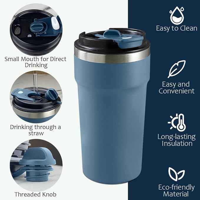 SPLMIFA Travel Coffee Mugs Leak-Proof, Reusable Coffee Cups with Lids, Stainless Steel Vacuum Insulated Coffee Tumblers, Thermal Insulation Cups for Men and Women Hot & Cold Drinks(4th-Blue, 16OZ)