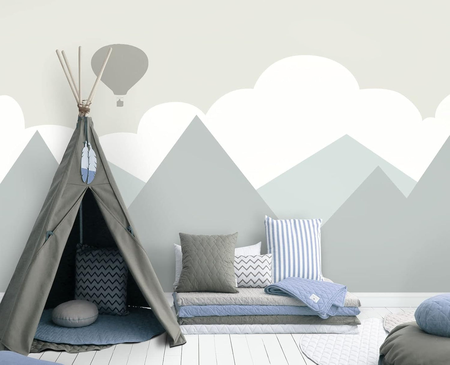 Cartoon Hot air Balloon Mountain Peak Baiyun Children's Nursery Wall Mural Wallpaper 178" x 117"