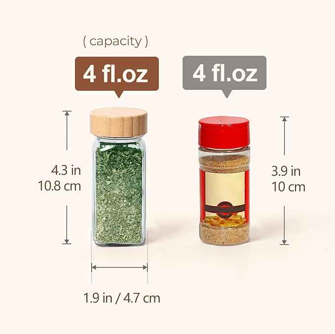 ComSaf Spice Jars with Label 4 oz 24Pcs, Glass Spice Jars with 6 Extra Shaker Inserts and 93 Labels, Seasoning Set with Bamboo Lids and Metal Funnel, Square Containers for Organization, Salt, Pepper