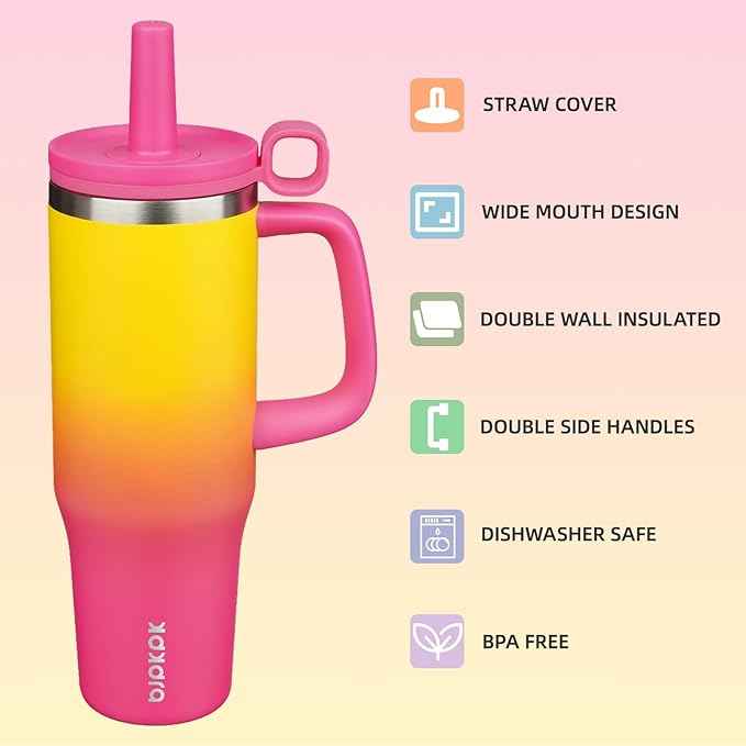 BJPKPK Insualted Tumblers with Handle and Straw 40oz Stianless Steel Travel Coffee Mug Thermal Cups with Lid,Rainbow