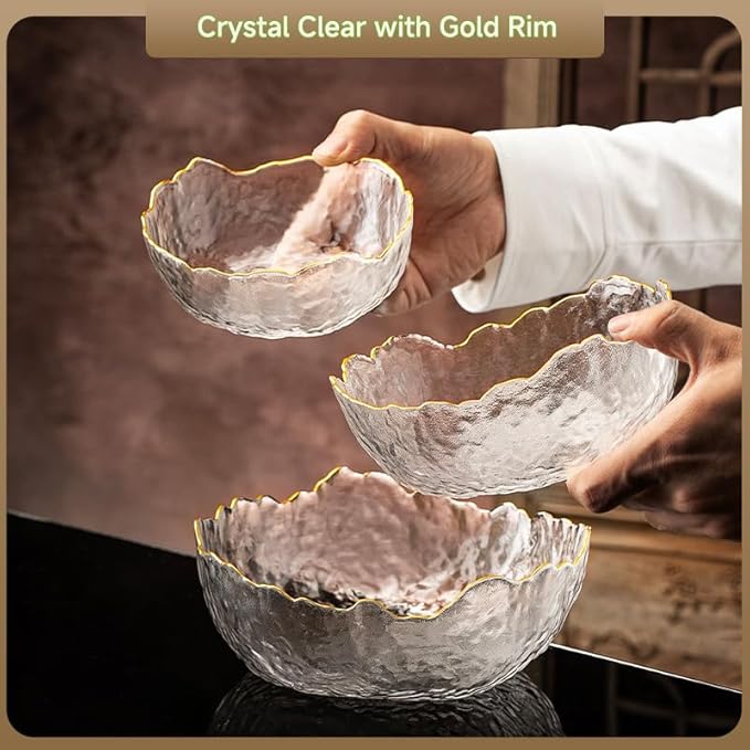 Glass Salad Bowl Irregular Lotus Flower Shape Serving Bowls, Mixing Nut Bowls for Kitchen Fruist, Snack, Dessert, and Ice Cream Candy Dishes (Crystal Clear with Gold Rim, 6.5")