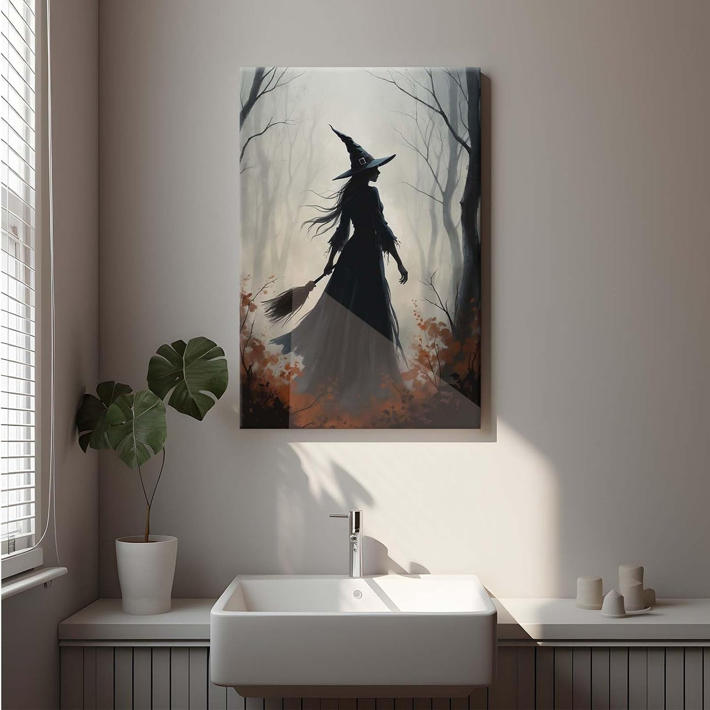 Vintage forest witch silhouette poster Halloween mural poster decoration mural art magic suitable for home living room bedroom28x40in Wood Framed