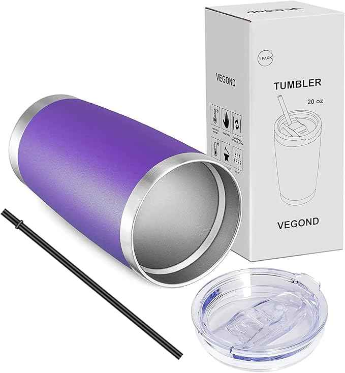 VEGOND 20oz Tumbler with Lid and Straw Stainless Steel Tumbler Cup Vacuum Insulated Double Wall Travel Coffee Mug Powder Coated Coffee Cup, Purple, 1 Pack