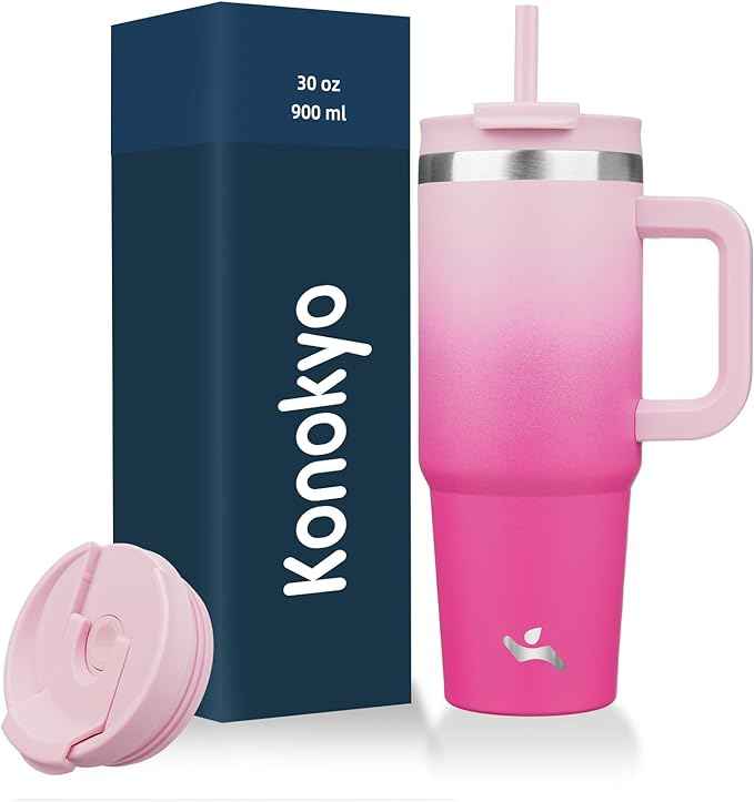 Konokyo 30 oz Tumbler with Handle and 2 Straws,2 in 1 Lid Insulated Water Bottle Stainless Steel Travel Coffee Mug,Cherry Blossoms