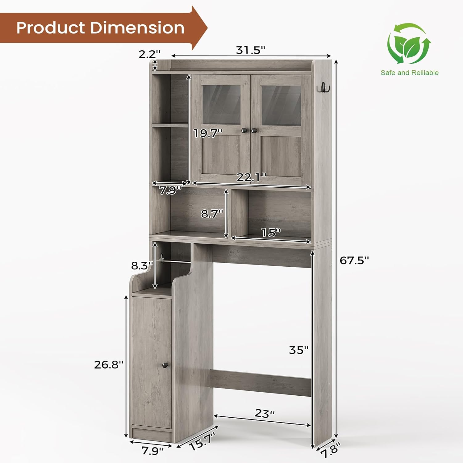 Itaar Over The Toilet Storage Cabinet, Over Toilet Bathroom Organizer with Glass Doors & Toilet Paper Holder Stand, Home Space-Saving Toilet Rack, for Bathroom, Restroom, Laundry, Grey - Lumora Casa