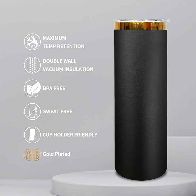 20 oz Skinny Tumblers Stainless Steel Tumbler with Lid and Straw Double Wall Vacuum Insulated Coffee Mug 20oz Powder Coated Cup for Hot and Cold Drinks(Black,8 pack)