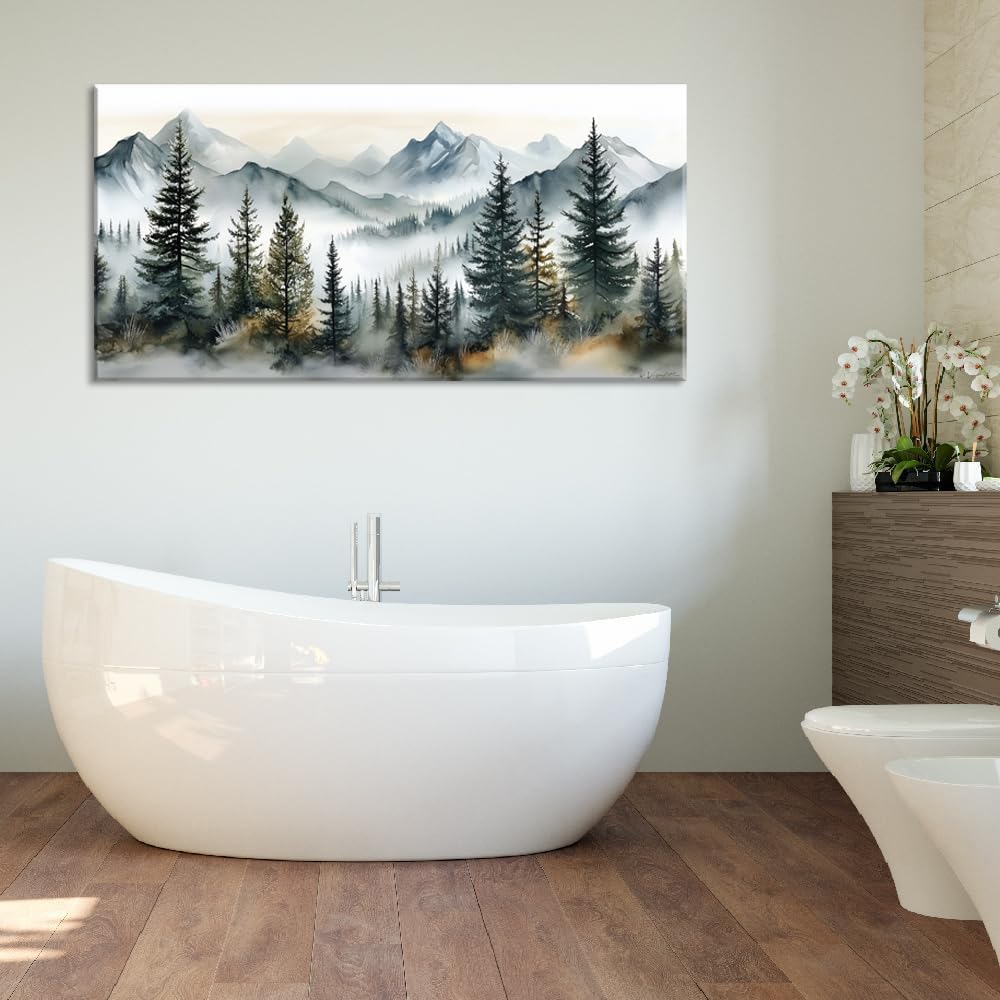 LASMOND Watercolor Forest Wall Art for Living Room Modern Mountain Canvas Painting Prints Foggy Woods Bedroom Landscape Office Wall Art Decor (40x20 Inches)