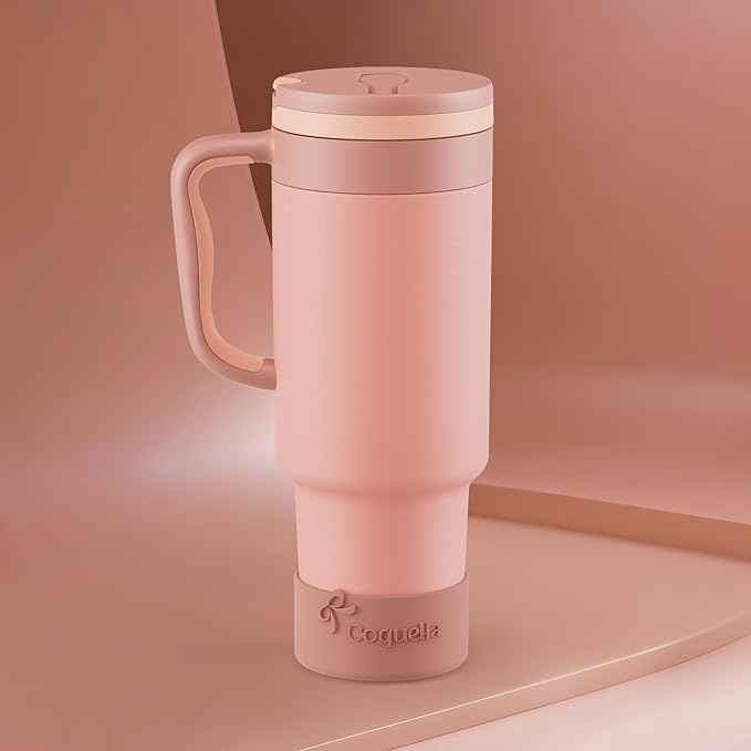 40 oz Insulated Tumbler with Handle and Push-Button Straw Lid, Stainless Steel Travel Cup for Gym Office, Leakproof, BPA-Free, Cup Holder Friendly, Bow Silicone Boot, (Peach Roasted)