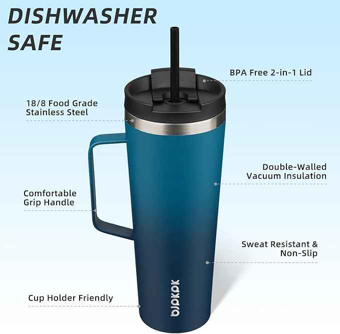 BJPKPK Insulated Tumbler with Handle, 26oz Insulated Tumblers with Lid and Straw, Stainless Steel Metal Water Bottles, Coffee Travel Mugs, Cups, Sea
