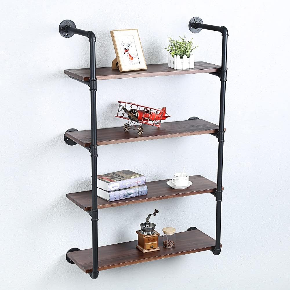 Industrial Pipe Shelving Wall Mounted,30in Rustic Metal Floating Shelves,Steampunk Real Wood Book Shelves,Wall Shelf Unit Bookshelf Hanging Wall Shelves,Farmhouse Kitchen Bar Shelving(4 Tier)