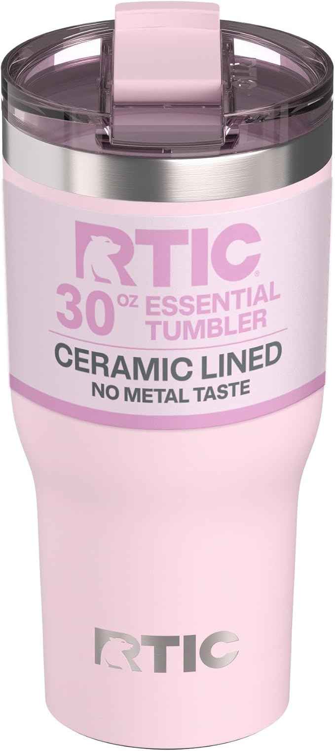 RTIC 30oz Essential Tumbler with Lid, Ceramic Lined, Insulated, Stainless Steel, Metal, Double Wall Vacuum-Insulation, Travel Cup for Iced Coffee, Tea, Hot and Cold Drink, Pale Pink