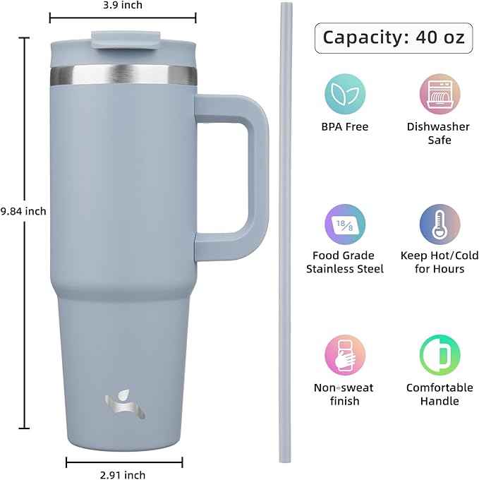 Konokyo 40 oz Tumbler with Handle and 2 Straws,2 in 1 Lid Insulated Water Bottle Stainless Steel Travel Coffee Mug,Lavender