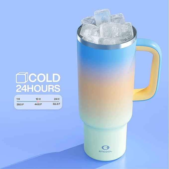 ENCOOL 40 oz Tumbler with Handle and Straw: Stainless Steel Insulated Tumbler Keeps Cold for 24 Hours, Leakproof Travel Cup Fits in Cup Holder and BPA-Free, Sunny Breeze