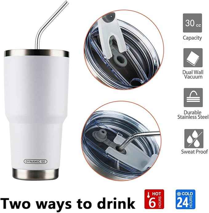 D·S 30oz White Tumbler Stainless Steel Double Wall Vacuum Insulated Mug with Straw and Lid, Cleaning Brush for Cold and Hot Beverages (30oz White)