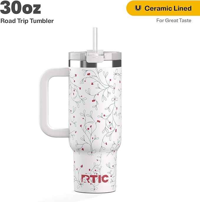 RTIC 30 oz Road Trip Tumbler Double-Walled Ceramic Lined InsulatedStainless Steel Portable Travel Coffee Mug Cup with Lid, Handle and Straw, Mistletoe