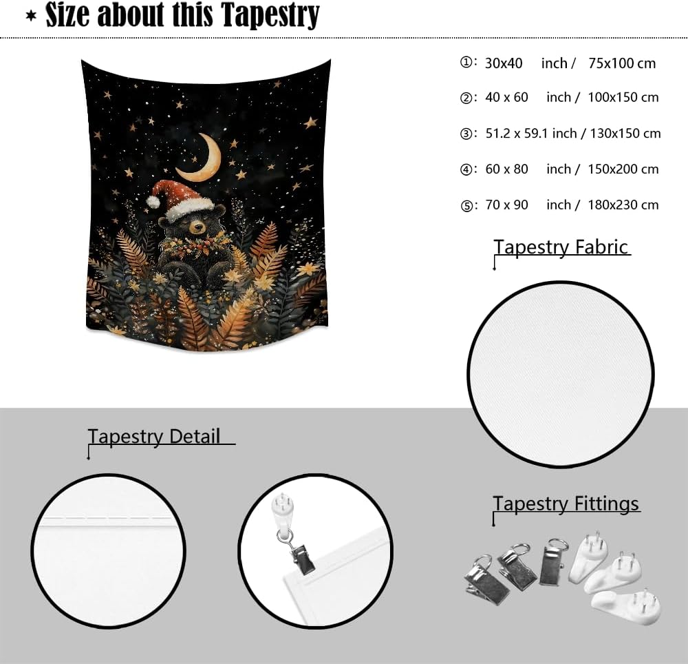 Whimsical Christmas Tapestry Moon Stars Dark Aesthetic Wall Hanging Decor Cute Bear Tapestries for Kids Room Decoration Funny Christmas wall art for Bedroom Dorm Living Room 70x90inch