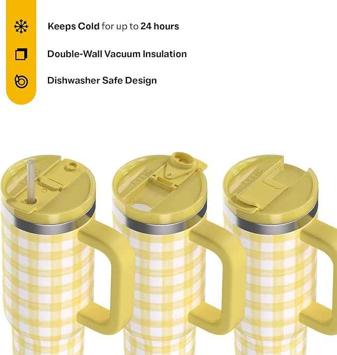 RTIC 30 oz Road Trip Tumbler Double-Walled Ceramic Lined InsulatedStainless Steel Portable Travel Coffee Mug Cup with Lid, Handle and Straw, Sunlight Gingham