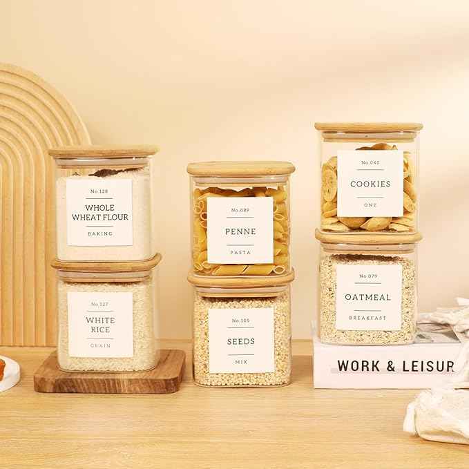 6 Pack Square Glass Pantry Storage Containers with 132 Kitchen Food Pantry Labels - 24 floz Clear Glass Pantry Jars with Airtight Wood Bamboo Lids - Glass Canisters for Sugar, Cereal, Coffee, Spice
