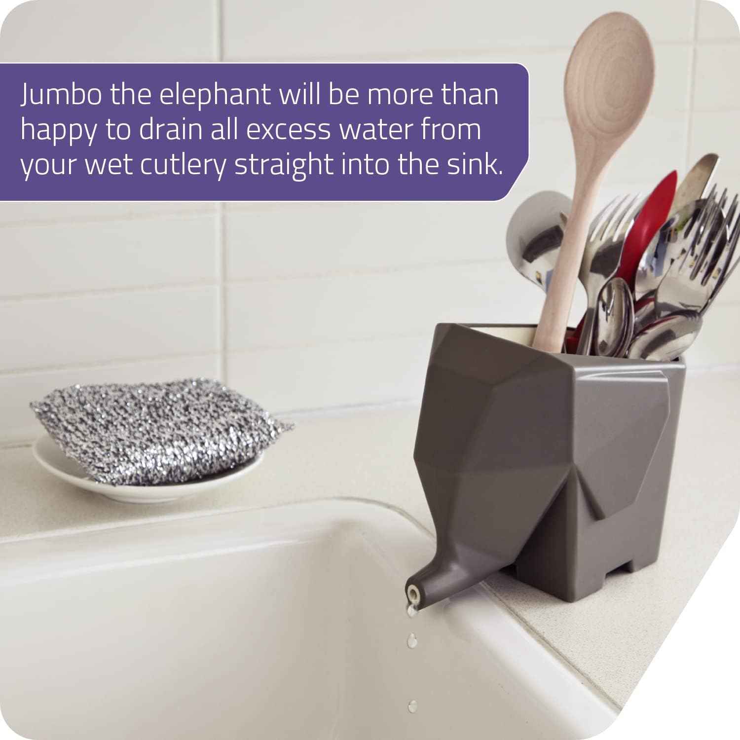 PELEG DESIGN Elephant Cutlery Drainer – Funny Self Draining Utensil Drying Rack for Kitchen Sink | Cute Silverware Drainer Basket (Grey)