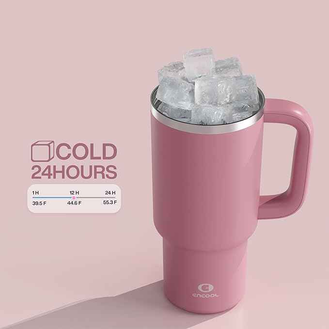ENCOOL 32 oz Tumbler with Handle and Straw: Stainless Steel Insulated Tumbler Keeps Cold for 24 Hours, Leakproof Travel Cup Fits in Cup Holder and BPA-Free,Turkish Rose