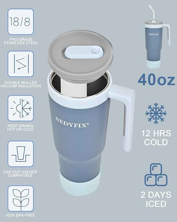 40 oz Tumbler with Handle and Straw Stainless Steel Water Bottle Car Cup Holder Friendly Travel Mug Cup-Dark Blue