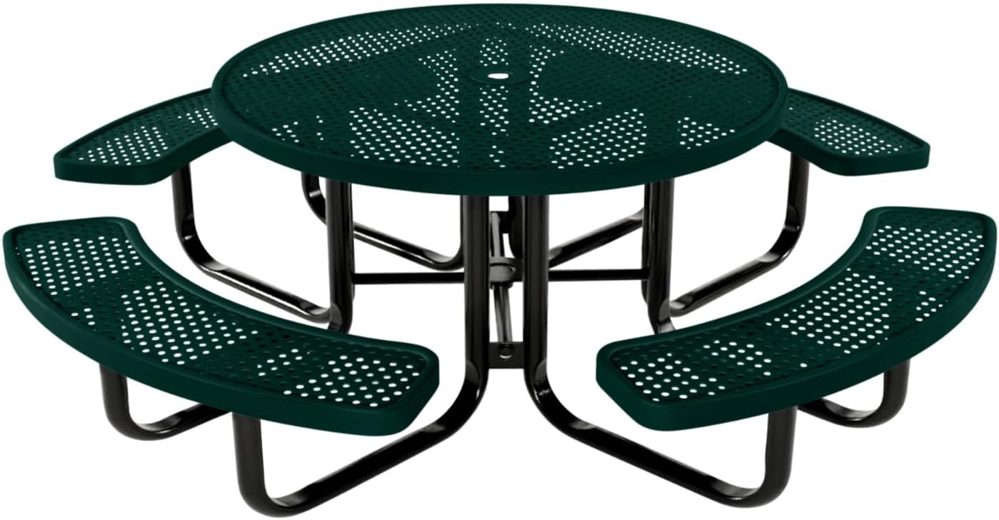 Heavy-Duty Portable Outdoor Kids Table with Umbrella Hole, Punched Steel Kids Picnic Table, Commercial-Grade, Made in America (46 in, Round, Childrens, Textured Dark Green)