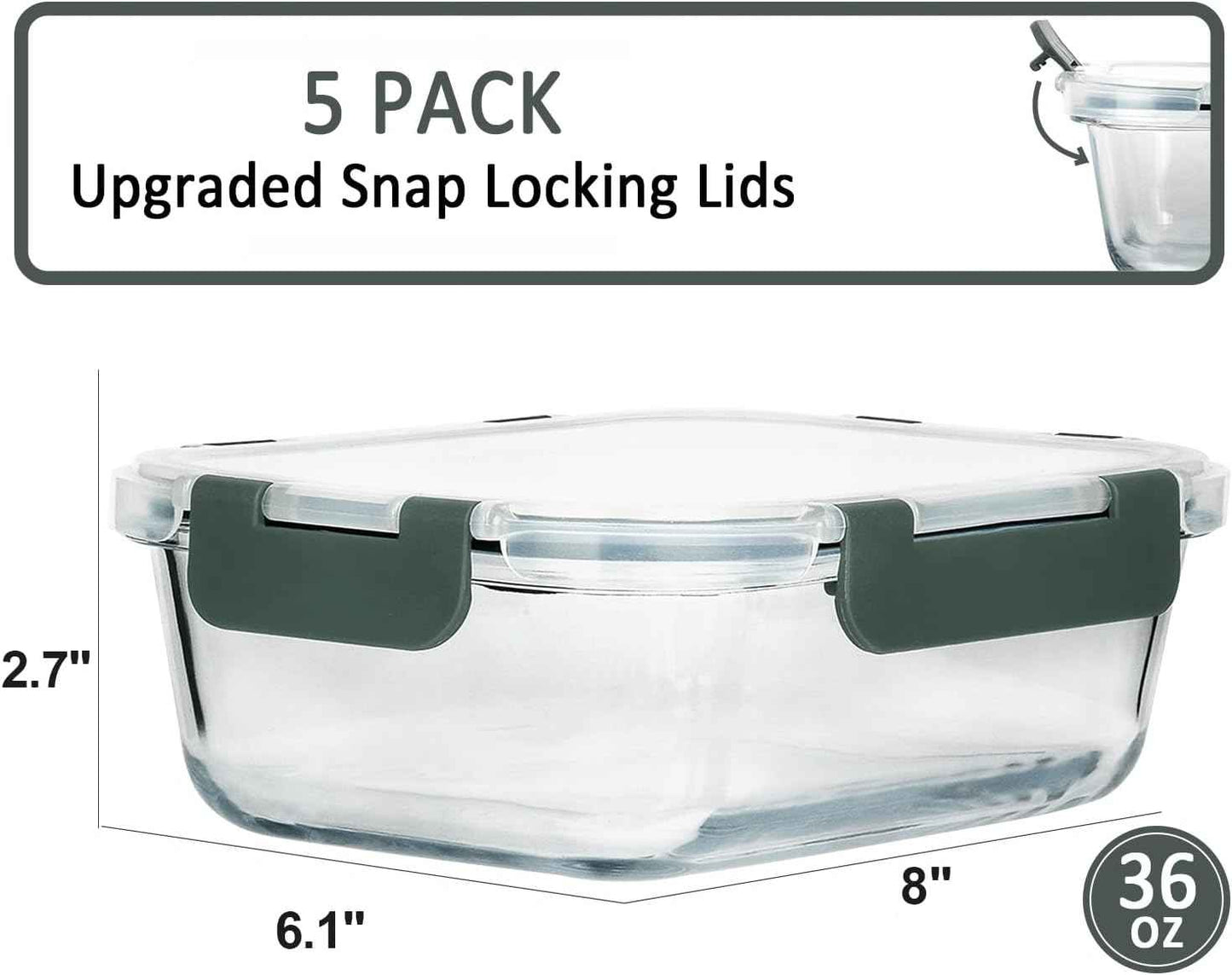 M MCIRCO [5-Packs, 36 Oz Glass Meal Prep Containers with Snap Locking Lids Glass Food Containers,Airtight Lunch Container,Microwave, Oven, Freezer and Dishwasher (4.5 Cup)
