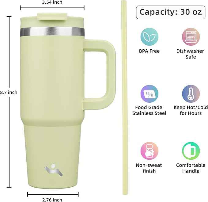 Konokyo 30 oz Tumbler with Handle and 2 Straws,2 in 1 Lid Insulated Water Bottle Stainless Steel Travel Coffee Mug,Macaron Green