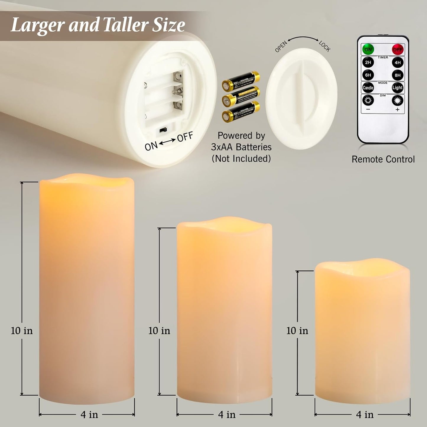 Waterproof Large Outdoor Flameless Candles 6" 8" 10" x 4" for Patio Porch Lanterns, Battery Operated LED Flickering Pillar Candles with Remote, Ivory White Long Lasting Set of 3