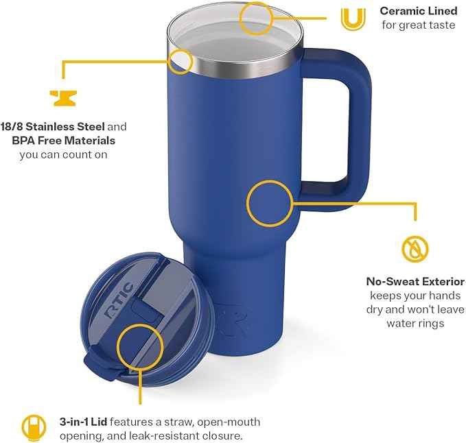 RTIC 40 oz Road Trip Tumbler Double-Walled Cermaic Lined Insulated Stainless Steel Portable Travel Coffee Mug Cup with Lid, Handle and Straw, Cobalt