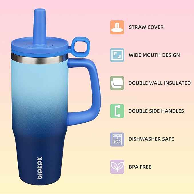 BJPKPK 32oz Stainless Steel Insulated Tumbler with Handle and Straw Travel Coffee Mug Thermal Cups with Lid,Sky