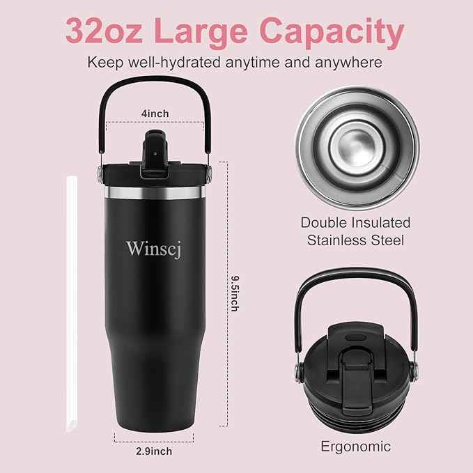 32 oz Tumbler with Handle and Flip Straw,Keep Cold or Hot,Fits in Cup Holder,Reusable Leak Proof Stainless Steel Vacuum Water Bottle,Suitable for Home Gym Trave, Easy to Carry(Black)