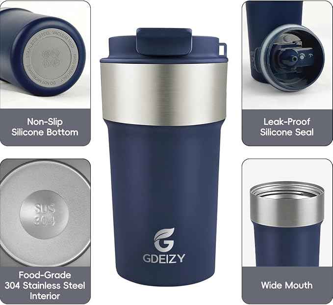 Insulated Coffee Mug, 17oz Stainless Steel Travel Mug with Flip-Top Straw Lid, Leak Proof Vacuum Insulated Tumbler, Reusable Coffee Cup for Hot & Cold Drinks, Dark Blue