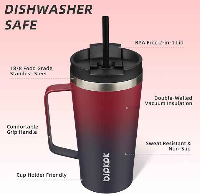 BJPKPK Insulated Tumbler with Handle, 18oz Insulated Tumblers with Lid and Straw, Stainless Steel Metal Water Bottles, Coffee Travel Mugs, Cups, Charming Red