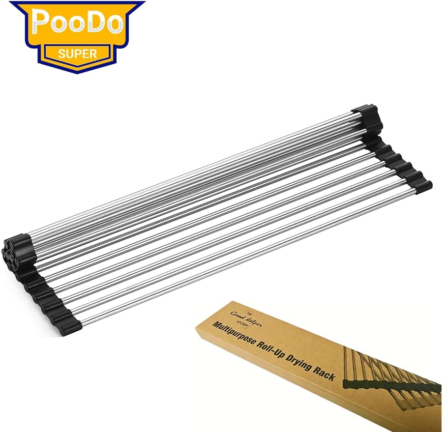 Roll up Dish Drying Rack RV Folding Over Sink 304 Stainless Steel in Kitchen Dish Drainer Heat Resistant Mat Multipurpose Portable Dish Trainer,Black,17x12inches