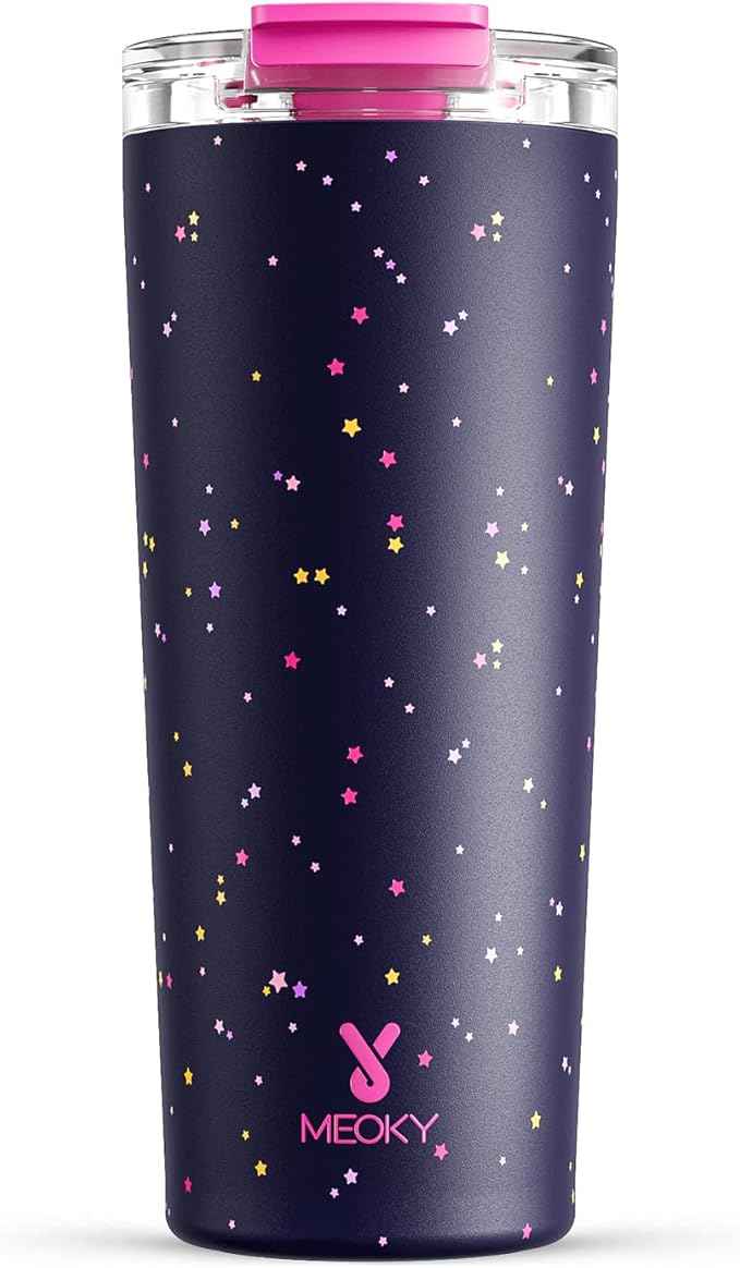Meoky 24 oz Travel Coffee Mug with Leak-proof Lid, Stainless Steel Insulated Coffee Tumbler, Keeps Hot for 8 Hours or Cold for 24 Hours, Fits in Car Cup Holder (Plum Stardust)