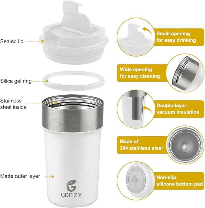 17oz Double Wall Stainless Steel Vacuum Insulated Travel Mug, Spill-Proof & Leak-Proof Coffee Mug, BPA-Free Reusable Coffee Cup for Hot & Cold Drinks, Black (White)