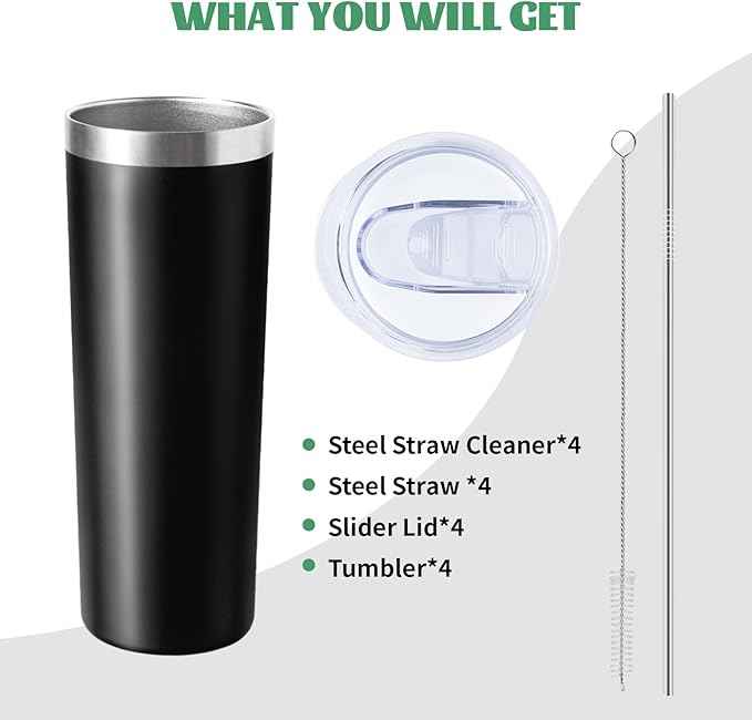 20 oz Skinny Tumbler with Lid and Straw,Stainless Steel Vacuum Insulated Tumbler Cup Double Wall Leak-proof Coffee Mug,Travel Thermal Water Tumbler for Office,Outdoor (Black/White/Navy blue/Grey)