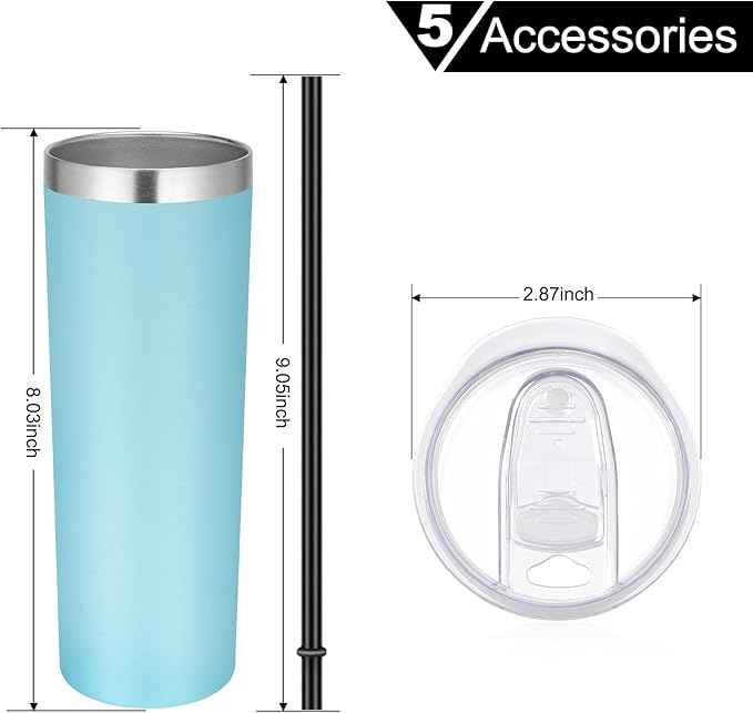 VEGOND Stainless Steel Tumblers Bulk 12 Pack, 20 oz Vacuum Insulated Skinny Tumblers with Lids and Straws, Double Wall Coffee Mug, Travel Water Cup, Blue