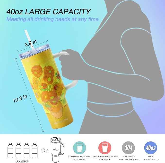 Jormungand 40 oz Tumbler with Handle and Straw, Vacuum Insulated Stainless Steel Cup & Water Bottle, Leakproof Lid, BPA-Free, Cup Holder Friendly for Travel, Keeps Drinks Hot & Cold Sunflower