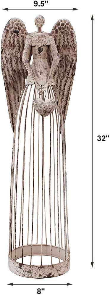 Antiqued Metal Garden Angel Statue with Heart, Indoor Outdoor Angel Yard Art Decor Lawn Patio Decorations Holiday Decor Garden Gift Idea, 32''H (Heart)