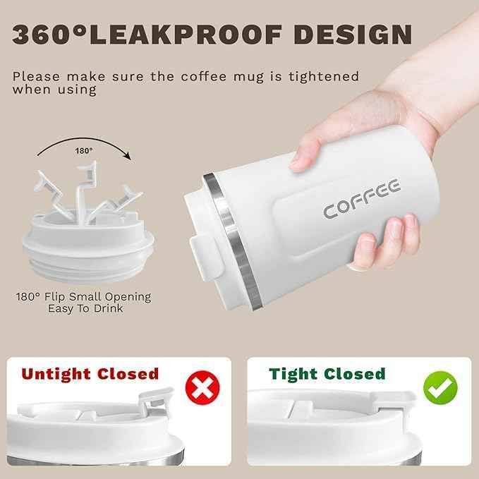 SPLMIFA Travel coffee mugs leak-proof, reusable coffee cups with lids, stainless steel vacuum insulated coffee tumblers, thermal insulation cups for men & women keep drinks hot & cold(2nd-White, 12OZ)