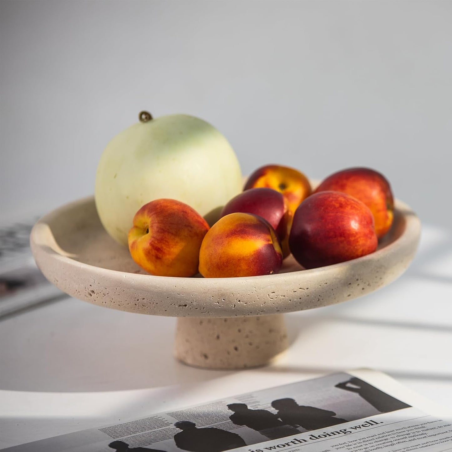 Natural Travertine Fruit Bowl 10.2" – Large Decorative Bowl & Travertine Decor Pedestal for Kitchen Counter & Dining Table ,For Entryway, Kitchen Fruit Bowl, Potpourri, Dining Table Centerpiece.