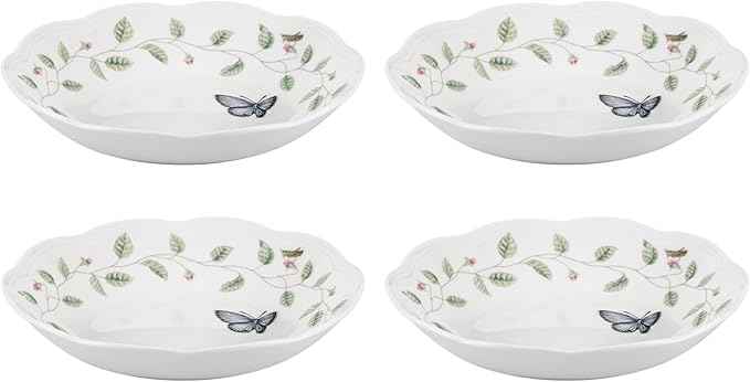 Lenox Pasta Bowls, 20oz Butterfly Meadow Pasta Bowl Set of 4, Service For 4, Porcelain, White Serving Bowls, Wide, Shallow, Lenox Butterfly Meadow Collection, Dishwasher/Microwave Safe (White 4-Piece)