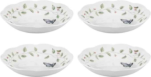 Lenox Pasta Bowls, 20oz Butterfly Meadow Pasta Bowl Set of 4, Service For 4, Porcelain, White Serving Bowls, Wide, Shallow, Lenox Butterfly Meadow Collection, Dishwasher/Microwave Safe (White 4-Piece)
