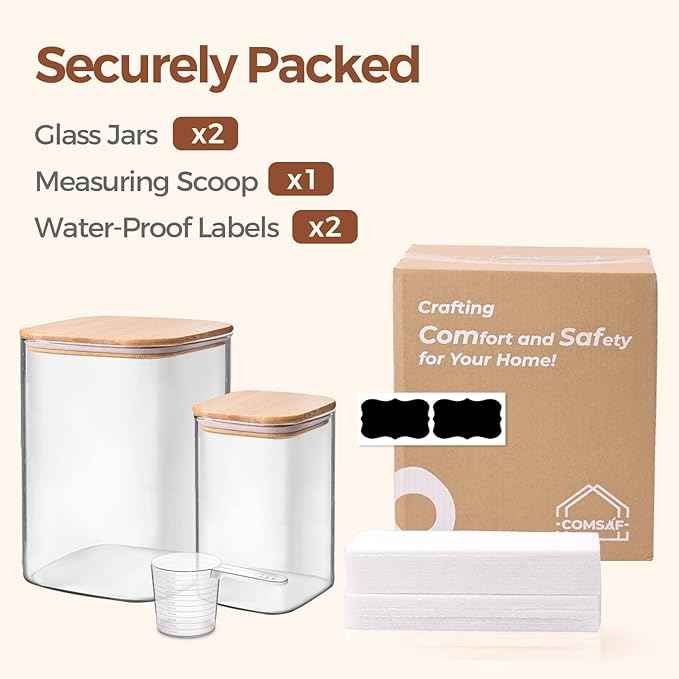 ComSaf Glass Food Storage Containers, 3.6Qt/1.2Qt Glass Flour and Sugar Containers with Airtight Lids, Large Square Jars with Bamboo Lids for Rice, Pasta, Oats, Grains, Cookies, Snacks, Candy