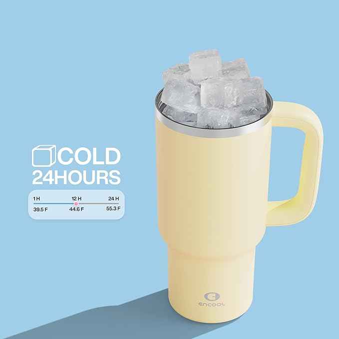 ENCOOL 32 oz Tumbler with Handle and Straw: Stainless Steel Insulated Tumbler Keeps Cold for 24 Hours, Leakproof Travel Cup Fits in Cup Holder and BPA-Free,Light Vanilla