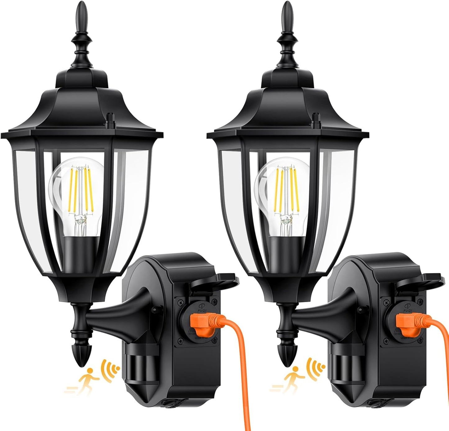 2 Pack Porch Lights Outdoor with Outlet, Motion Sensor Outdoor Wall Lights, Updated Dusk to Dawn Exterior Lighting Fixtures Waterproof Anti-Rust Aluminum Outside for House Entryway Garage, Black